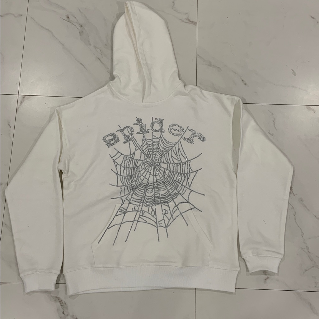 Sp5der Rhinestone Web Logo White Pullover Hoodie Men’s Size Large